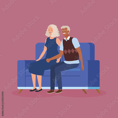 grandparents couple sitting in sofa avatar character vector illustration design