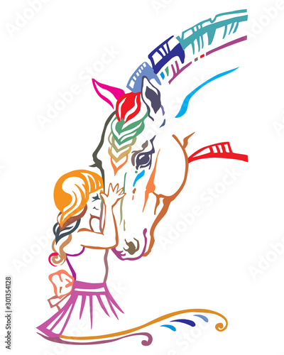 Colorful girl and horse