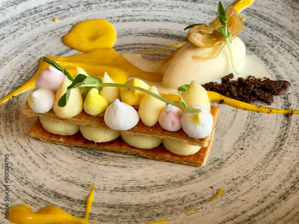 Gourmet Dessert Napolean Meringue Michelin Star Plated Stock Photo | Adobe
