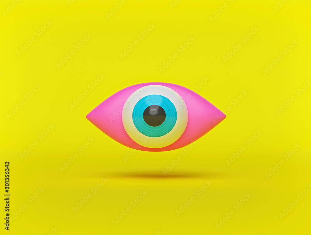cartoon style creative minimal eye symbol isolated on yellow background. 3d rendering cartoon style creative minimal eye symbol isolated on yellow background. 3d rendering