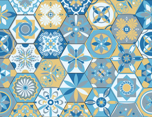 Keuken achterwand Portugese tegeltjes patronen Marokkaans mozaïek met blauwe arabesken  © andrei