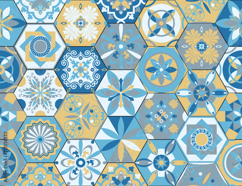 Moroccan pattern. Decor tile texture print mosaic oriental pattern with blue ornament arabesque. Traditional arabic and indian pottery tiling seamless patterns fabric wall interior cloth vector set 