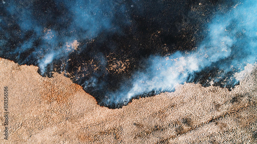 Forest and field fire. Dry grass burns, natural disaster. Aerial view. © nordroden