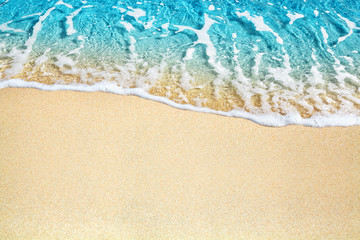 Blue sea wave, white foam, golden sand beach, turquoise ocean water close up, summer holidays border frame concept, tropical island vacation backdrop, tourist travel banner design template, copy space