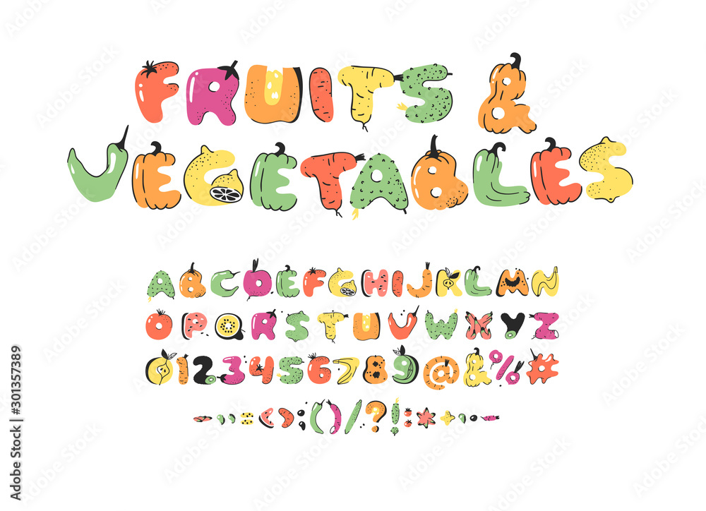 Cartoon vector illustration vegetables and fruits ABC. Hand drawn font with vegan food. Actual Creative art vegetarian alphabet 