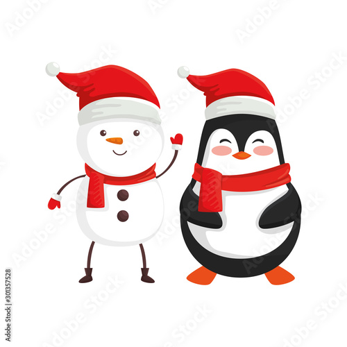 snowman with penguin characters of merry christmas vector illustration design