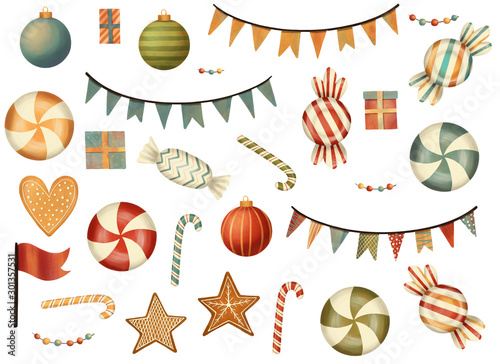 Set of christmas banners  candy  gingerbread  lollipop  balls  gifts. Hand drawn illustration.
