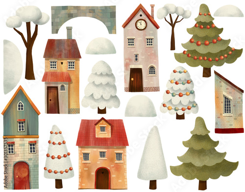 Set of cute winter christmas houses, bridge, trees, pine and fir. Hand drawn illustration.