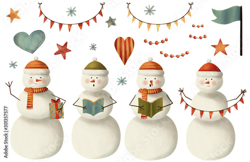 Set of Snowman, hearts, stars, banners, flags, garlands. Hand drawn watercolor illustration.