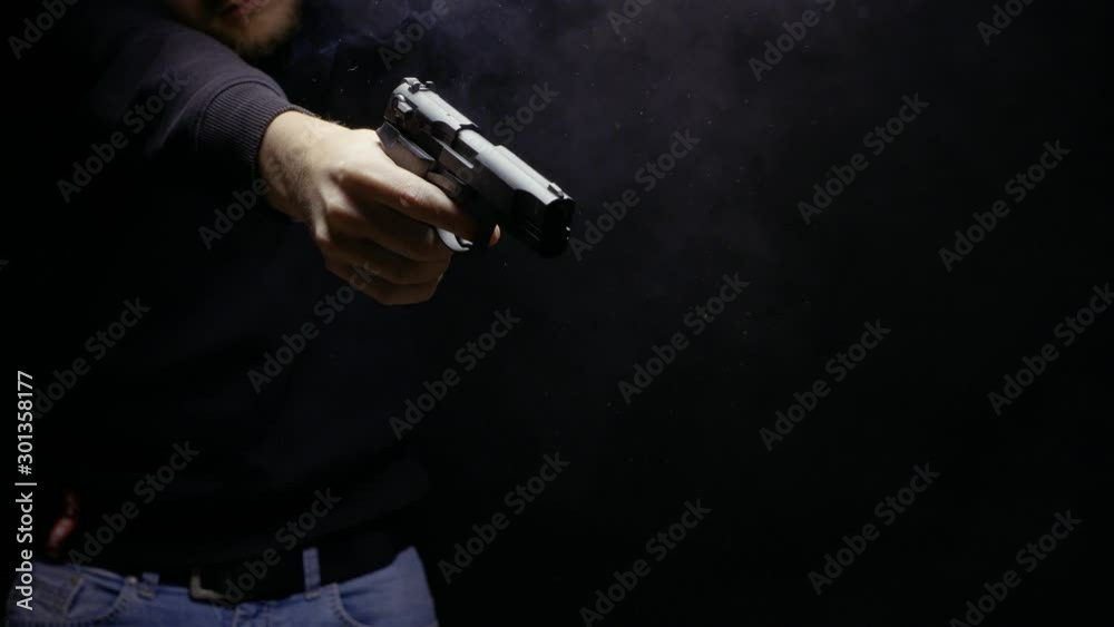 Gun Pistol Criminal Shooting Closeup Slowmotion Black Gun Pistol Criminal Shooting Closeup Slowmotion Black