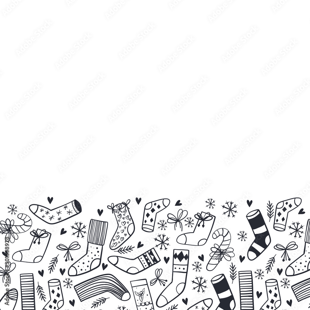 Fototapeta premium Christmas background, hand drawn elements. Ideal for web site, web page, flyer, poster or advert. Monochrome.