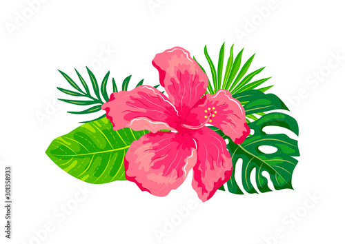 Tropical exotic leaves, hibiscus flower, vector illustration on white background. Design element for poster, web, flyers, invitation, postcard, t-shirt, SPA, wedding, sticker.