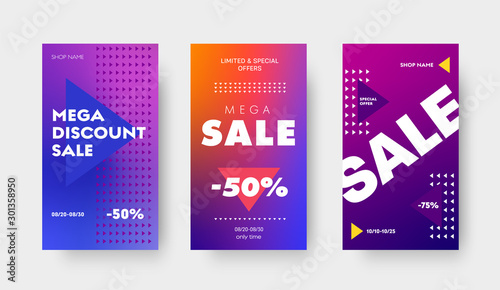 Set of vector purple gradient banners with triangles and a discount of 50 and 75% for a big sale, special offers. Design template for social media, stories and mobile applications.