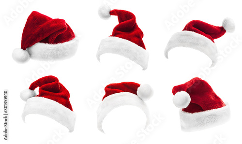 Set of Red Santa Claus Hats Isolated