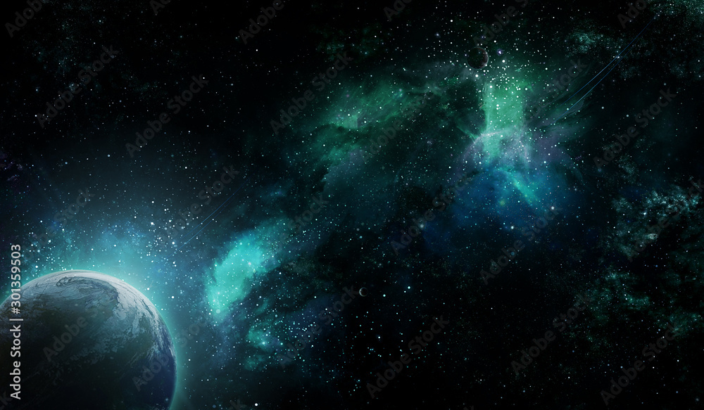 planet earth from space and green nebula, abstract space illustration