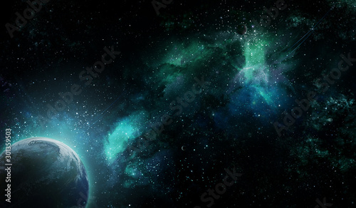 planet earth from space and green nebula, abstract space illustration