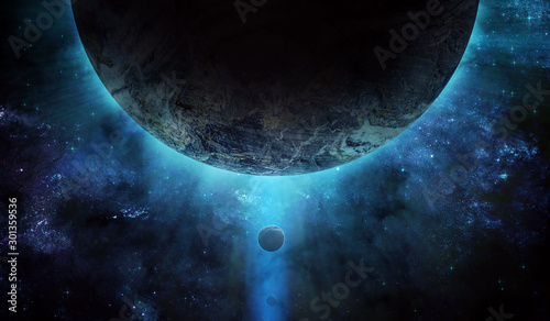 huge planet from space and blue stars, abstract space illustration