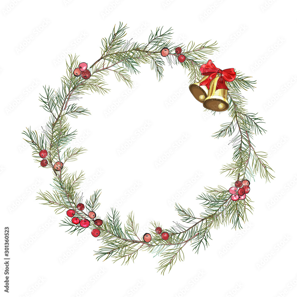 Wreath with Christmas tree branches, berries, gold bells and red bow on white. Decoration for festive season design, advertisement, greeting cards, invitation, posters. Vintage style. Vector. Wreath with Christmas tree branches, berries, gold bells and red bow on white. Decoration for festive season design, advertisement, greeting cards, invitation, posters. Vintage style. Vector.