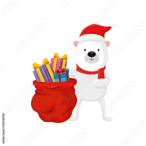 bear and bag with gifts of merry christmas vector illustration design