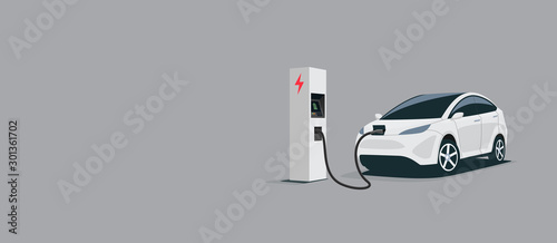 Vector illustration of a smart luxury white electric plug car charging at the electro charger station. Car battery getting fast recharged. Clean e-mobility illustration isolated on grey background. © petovarga
