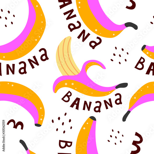 Seamless pattern with cartoon bananas, lettering, decor elements. vector flat style. hand drawing. design for fabric, textile, print, wrapper