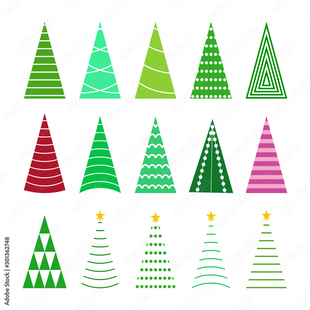 set green christmas tree collection, cartoon holiday tree for celebration and new year illustration