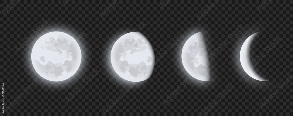 Moon phases, waning or waxing crescent moon on transparent checkered background. Lunar eclipse in stages from full moon to thin moon, realistic vector illustration.