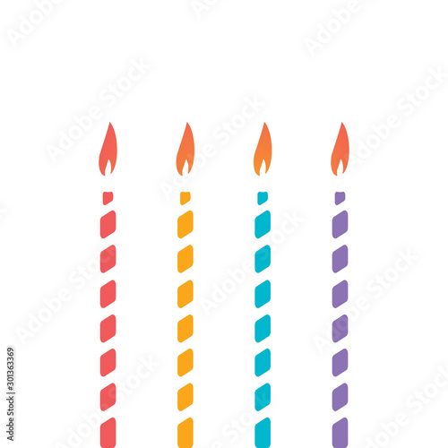 Set of thin decorative candle for cake. Decoration of children's holiday, birthday, anniversary, christmas, new year. Isolated colorful candles with candlelight and white stripes. Vector illustration.