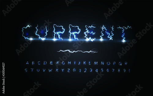  urrent power letters and numbers set. Blue lightning strike, stormy weather style, electricity alphabet. Vector typography design