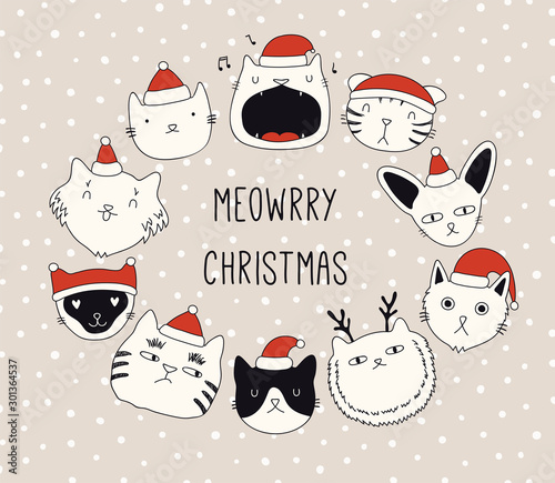 Hand drawn card, banner with different cute cats faces in Santa Claus hats, text Meowrry Christmas. Vector illustration. Line drawing. Isolated objects. Design concept for holiday print, invite.