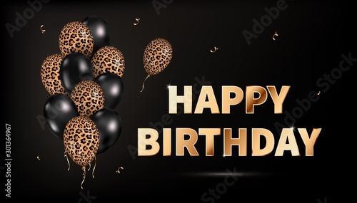 Vector greeting card Happy Birthday with 3d realistic black and leopard print fashion balloons. Horizontal Birthday poster for celebration, invitation, social media. Bright Golden text, dark backdrop.