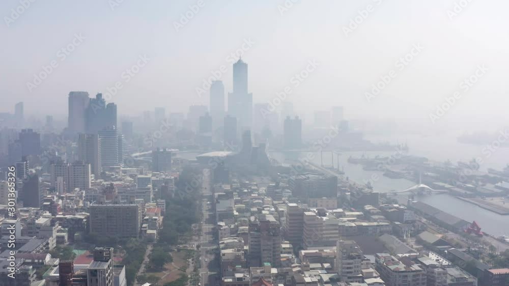 Aerial view of the smog over the city in the morning