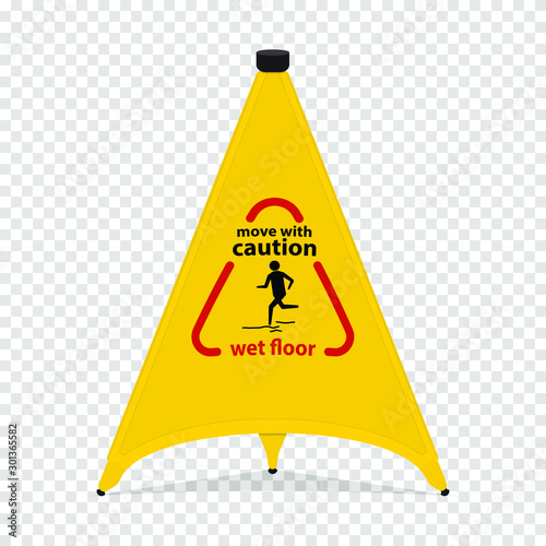 Caution sign triangle with text - Move with caution wet floor. For malls, hotels, trane stations, airports and other public places. Isolated on transparent background. Vector illustration.