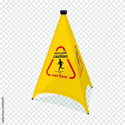 Caution sign triangle with text - Move with caution wet floor. For malls, hotels, trane stations, airports and other public places. Isolated on transparent background. Vector illustration.