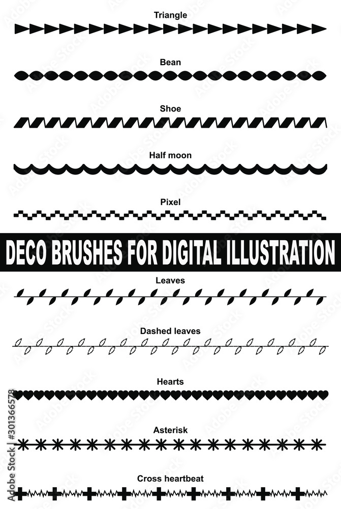 Decorative illustrator brushes for digital illustration. Deco embroidery stitch. Triangle, bean, shoe, half moon, pixel, leaves, hearts, asterisk, heartbeat lines. 