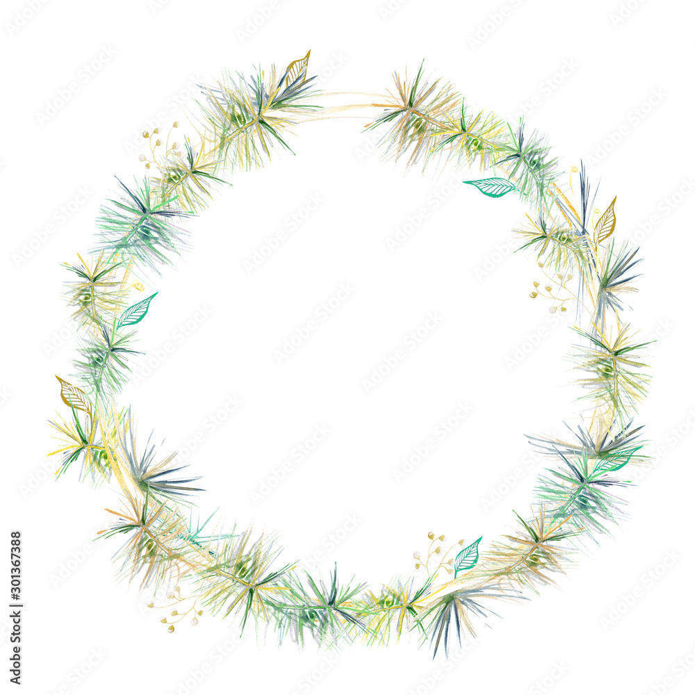 hand-drawn watercolor wreath of spruce branches of green conifer on a white isolated background for use in the design of invitations, greetings, postcard hand-drawn watercolor wreath of spruce branches of green conifer on a white isolated background for use in the design of invitations, greetings, postcard