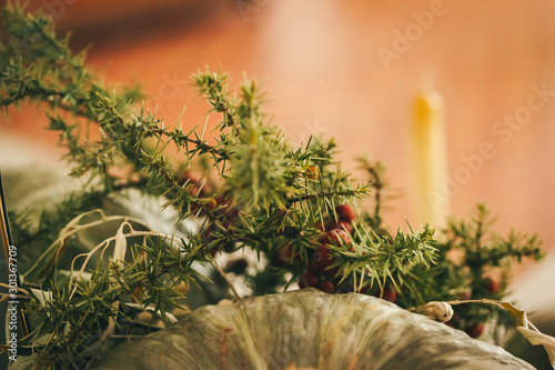 Rustic autumn decor arrangement with pumpkins close up