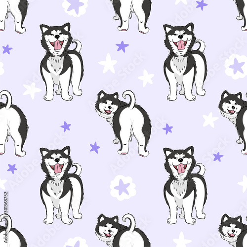 seamless pattern with cute cartoon drawing dogs husky or alaskan malamute, funny adorable pets, on purple background with stars, perfect for kids fabric, textile, decoration, vector illustration