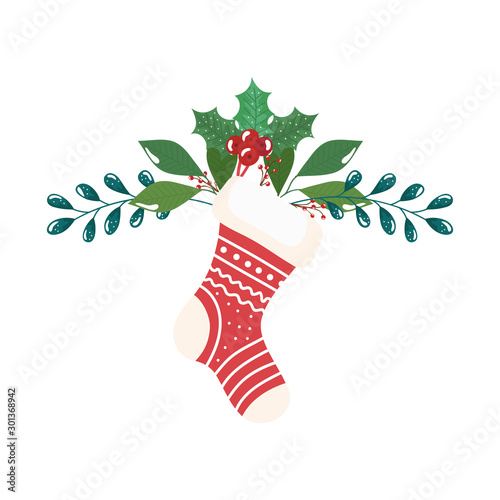 sock christmas decorative with branches and leafs design