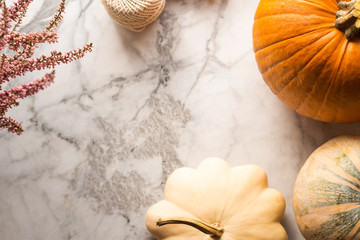 Autumn thanksgiving moody background with different pumpkins, fall fruit and flowers on rustic wooden table. Flat lay