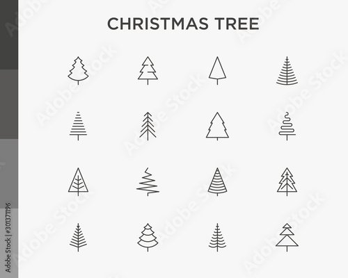 Christmas tree in different shapes. Minimalistic simple thin line icons set. Vector illustration for greeting card, Christmas and New Year decoration.