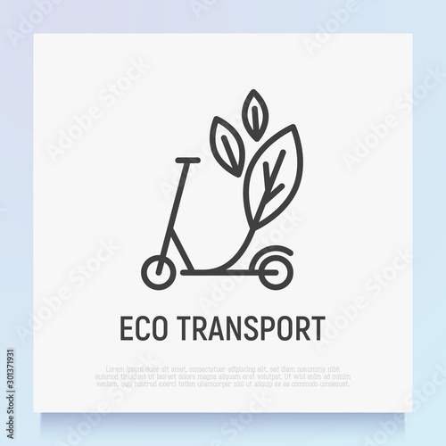 Electric scooter with leaves thin line icon. Green transport. Logo for sharing service. Modern vector illustration.