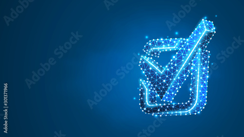 A checkmark in the square box. Success, business agreement, ok sign, approval concept. Abstract digital wireframe, low poly mesh, polygonal Raster blue neon 3d illustration. Line, dot
