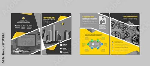 Bi-fold brochure creative design. Multipurpose template with cover, back and inside pages. Trendy minimalist flat geometric design. Vertical a4 format.