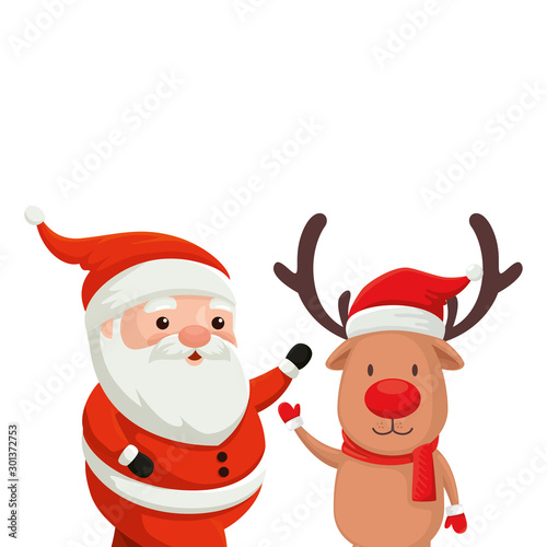 reindeer with santa claus characters merry christmas vector illustration design