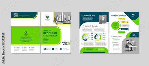 Bi-fold brochure creative design. Multipurpose template with cover, back and inside pages. Trendy minimalist flat geometric design. Vertical a4 format.