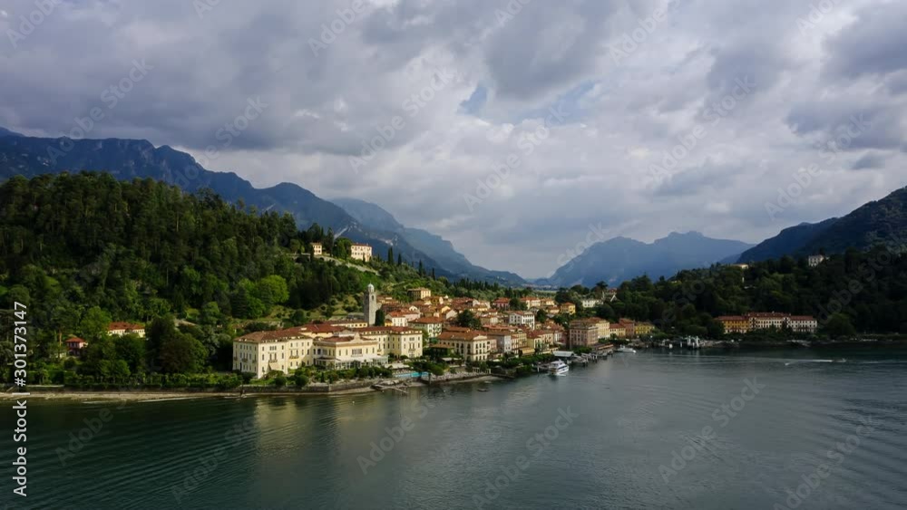 Aerial Time Lapse In Motion Or Hyperlapse Of Lake Como, Bellagio City, Italy Aerial Time Lapse In Motion Or Hyperlapse Of Lake Como, Bellagio City, Italy