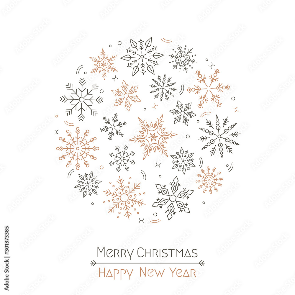 Merry Christmas and New Year quote with Christmas snowflakes wreath in a circle on a white background.