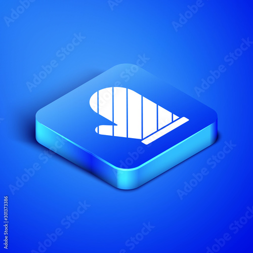 Isometric Oven glove icon isolated on blue background. Kitchen potholder sign. Cooking glove. Blue square button. Vector Illustration