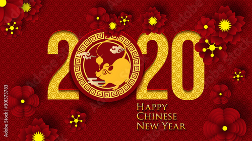 2020 Chinese New Year Greeting Card. Year of the Rat. Chinese New-Year. Paper cut with Rat and Flowers. gong xi fa cai 2020. Hieroglyph - Zodiac Sign Rat. Place for your Text.